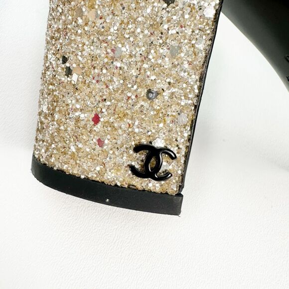 CHANEL 2023 Light Gold Glitter Black Mary Jane Heels 36 Cap Toe CC Logo Platform - Picture 6 of 16